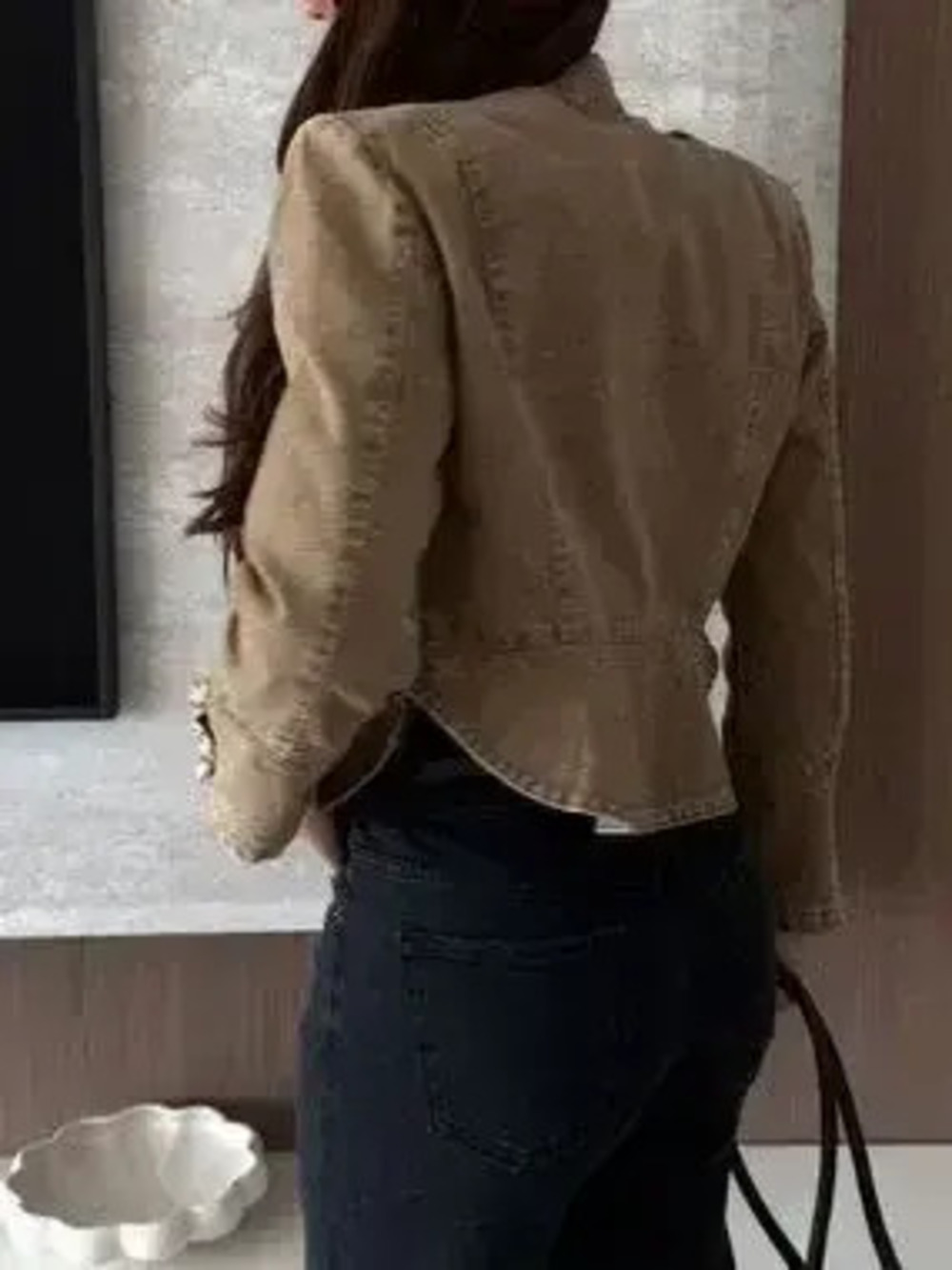 Button Detail Cropped Denim Jacket - Picture 3 of 4